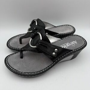 Alegria Thong Sandals Wedge Heel‎ Comfort Slides Black Silver Size 36 US 6-6.5